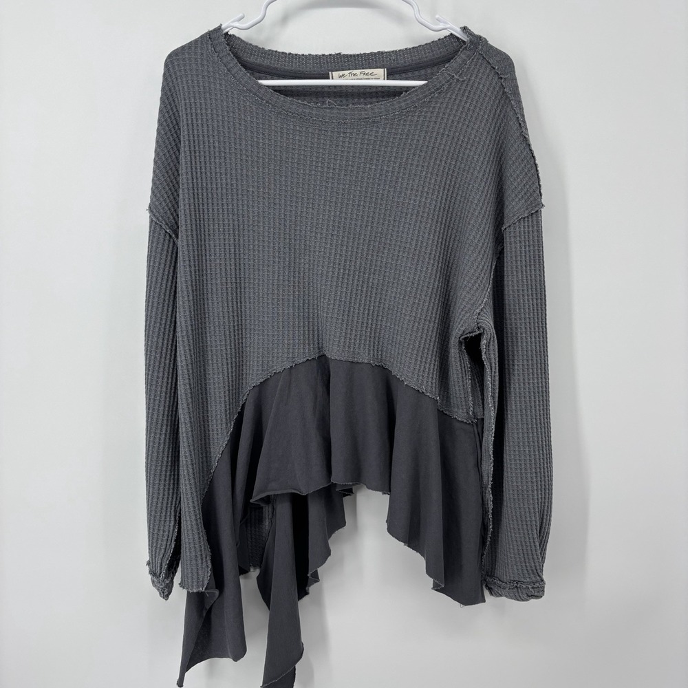 We The Free Top XS Asymmetric Waffle Knit Oversized Grey Thermal Distressed